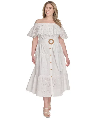 Eliza J Plus Size Eyelet Off-the-shoulder Belted Midi Dress