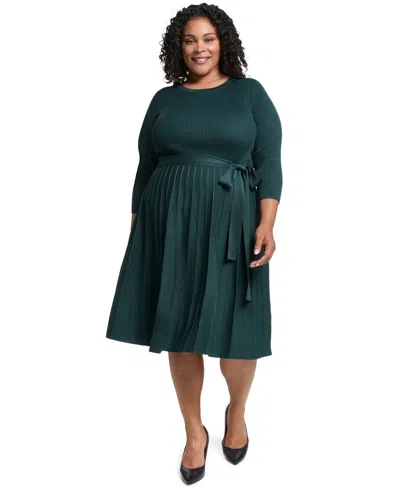 Eliza J Plus Size Fit & Flare Ribbed-knit Midi Dress In Green