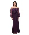 Eliza J Petite Floating Petals Embellished Off-the-shoulder Gown In Plum