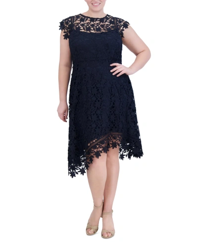 Eliza J Plus Size Floral-lace Boat-neck Fit & Flare Dress In Navy