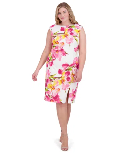 Eliza J Plus Size Floral-print Sheath Dress In Pink Multi