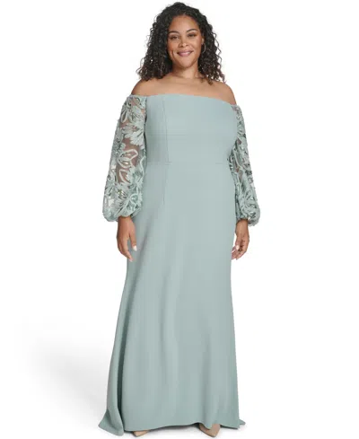 Eliza J Plus Size Floral-sleeve Long Gown In Green
