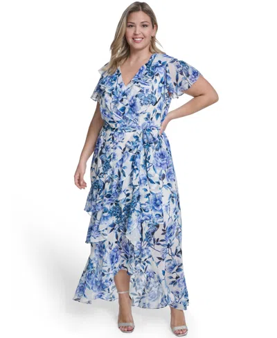 Eliza J Plus Size Flutter Sleeve Ruffle Maxi Dress In Blue