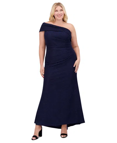 Eliza J Plus Size Metallic One-shoulder Gown In Navy
