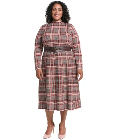 Eliza J Plus Size Mock Neck Midi Fit & Flare Dress In Brown