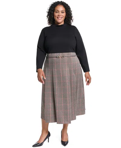 Eliza J Plus Size Mock-neck Long-sleeve Twofer Midi Dress In Multi