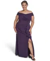 Eliza J Plus Size Off Shoulder Pleated Ruffle Gown In Purple