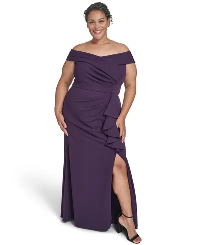 Eliza J Plus Size Off Shoulder Pleated Ruffle Gown In Purple