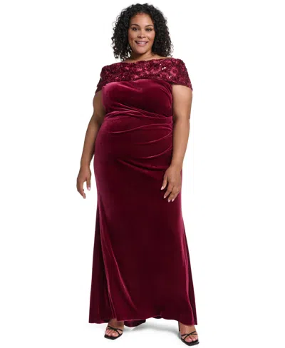 Eliza J Plus Size Off-the-shoulder Sequined Long Dress In Red