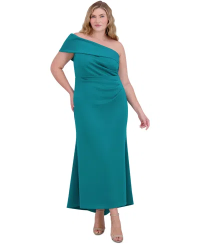 Eliza J Plus Size One-shoulder Side-gathered Evening Gown In Jade