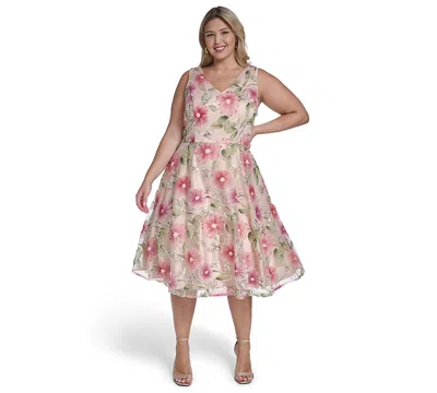 Eliza J Plus Size Polyester-blend V-neck Sleeveless Midi Dress In Multi