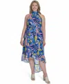Eliza J Plus Size Printed Chiffon High-low Halter Dress In Blue Multi
