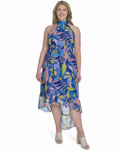 Eliza J Plus Size Printed Chiffon High-low Halter Dress In Blue Multi