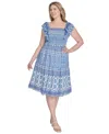 Eliza J Plus Size Printed Square-neck Cap-sleeve Dress In Blue