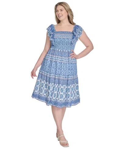 Eliza J Plus Size Printed Square-neck Cap-sleeve Dress In Blue