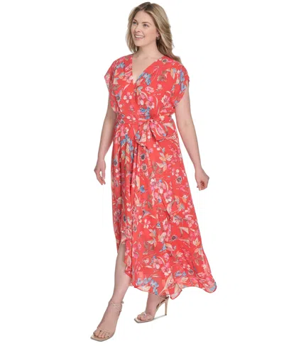 Eliza J Plus Size Printed V-neck Faux-wrap Chiffon Dress In Red