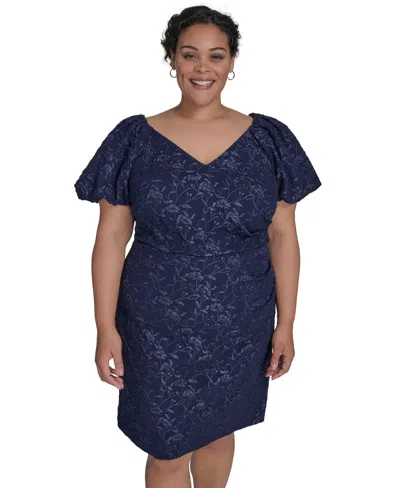 Eliza J Plus Size Puff-sleeve Jacquard Sheath Dress In Blue