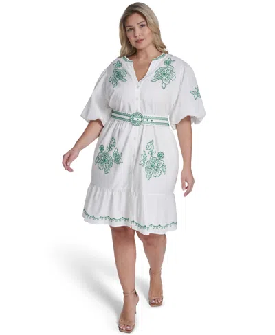 Eliza J Plus Size Puff-sleeve Embroidered Dress In White
