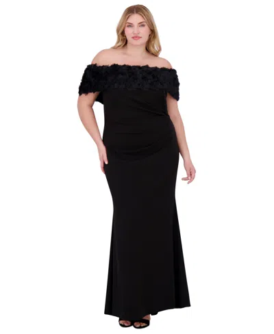 Eliza J Plus Size Rosette-trim Off-the-shoulder Evening Gown In Black