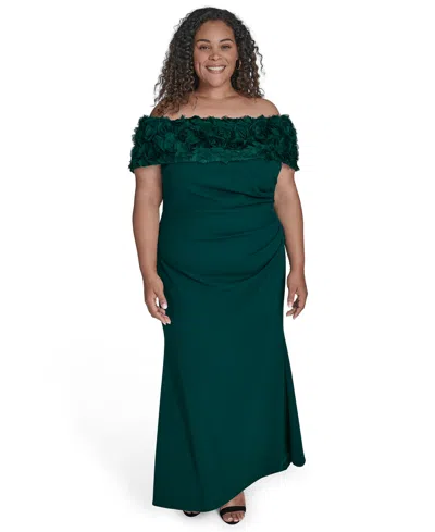 Eliza J Plus Size Rosette-trim Off-the-shoulder Evening Gown In Green