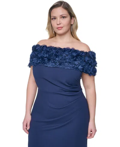 Eliza J Plus Size Rosette-trim Off-the-shoulder Evening Gown In Blue