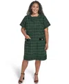 Eliza J Plus Size Short Sleeve Lurex Boucle Shift Dress In Green