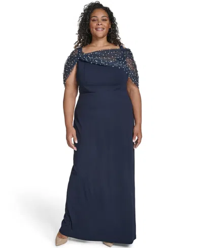 Eliza J Plus Size Short-sleeve Spaghetti Strap Beaded Twist Overlay Gown In Blue