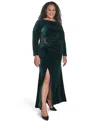 Eliza J Plus Size Side Ruched Jewel Neck Long Gown In Green