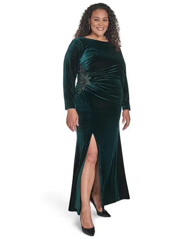 Eliza J Plus Size Side Ruched Jewel Neck Long Gown In Green