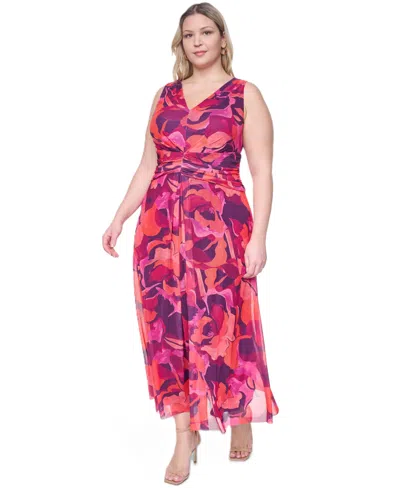Eliza J Plus Size Sleeveless V-neck Ruched Waist Midi Dress In Blue