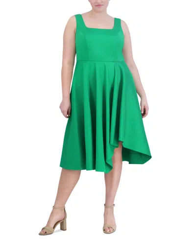 Eliza J Plus Size Square-neck Asymmetrical-hem Fit & Flare Dress In Green