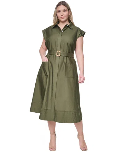 Eliza J Plus Size Trapunto Stitch Short-sleeve Belted Midi Shirt Dress In Green