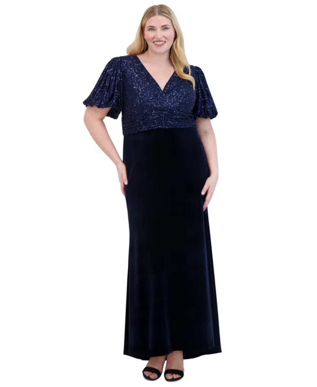 sachin and babi light blue dress Eliza J Plus Size V-neck Mixed-media Sequin Velvet Gown In Navy