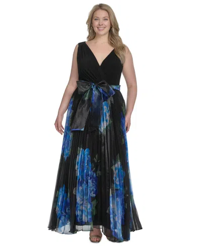 Eliza J Plus Size V-neck Printed Pleated Organza Gown In Black,blue