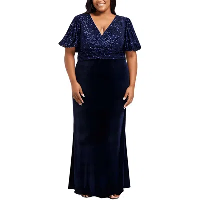Eliza J Plus Womens Sequined Velvet Evening Dress In Blue