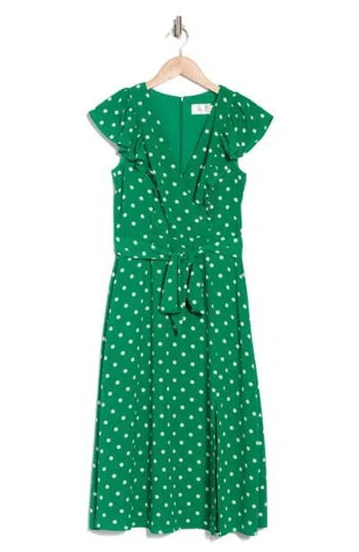 Eliza J Polka Dot Flutter Sleeve Fit & Flare Dress In Green