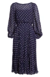 Eliza J Polka Dot Illusion Neck Midi Dress In Navy Lilac
