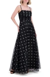 Eliza J Polka Dot Ruched Chiffon Gown In Black