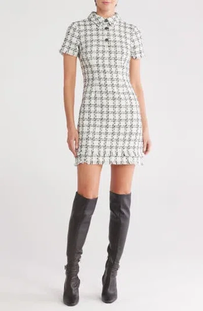 Eliza J Polo Collar Short Sleeve Tweed Dress In Ivory Black