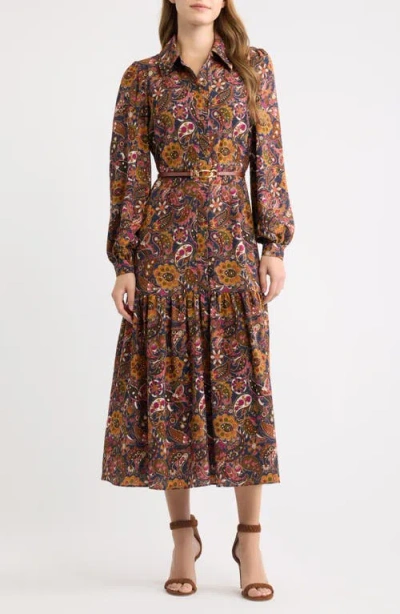 Eliza J Print Belted Long Sleeve Maxi Shirtdress In Animal Print