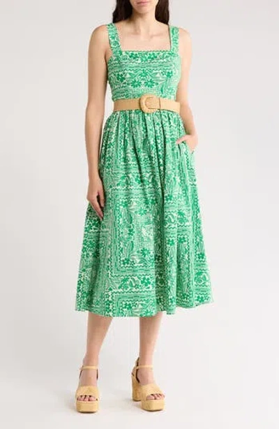 Eliza J Print Belted Sleeveless Midi Dress In Green