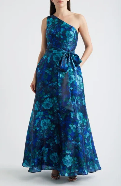 Eliza J Print Tie Waist One-shoulder Gown In Multi