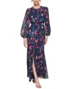 Eliza J Floral Long Sleeve Cascade Ruffle Maxi Dress In Blue