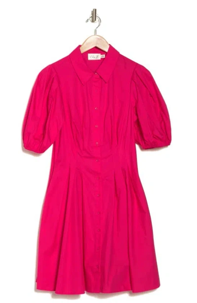 Eliza J Puff Sleeve Cotton Shirtdress In Hot Pink