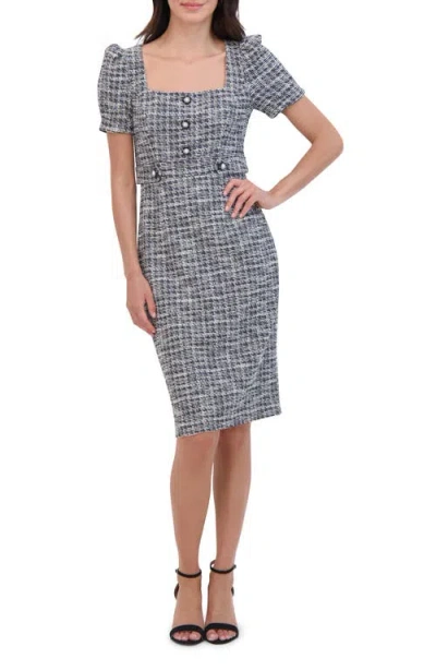 Eliza J Puff Sleeve Tweed Sheath Dress In Black Ivory