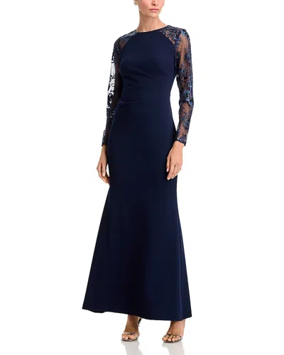 Eliza J Raglan Sleeve Mixed Media Gown In Navy