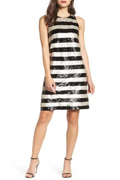 Eliza J Reversible Sequin Striped Shift Cocktail Dress In Gold, Black In Multi