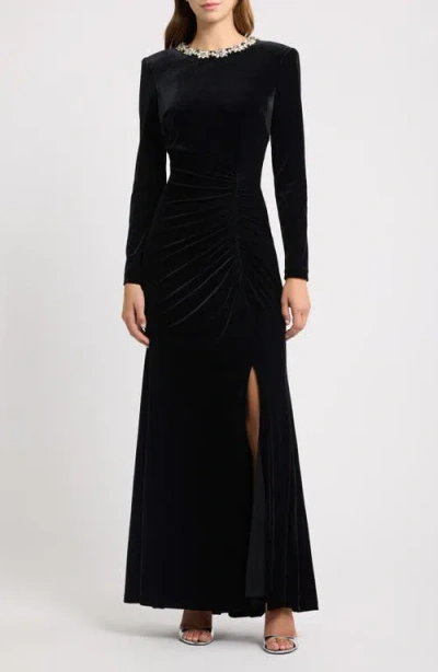 Eliza J Rhinestone Detail Long Sleeve Velvet Gown In Black