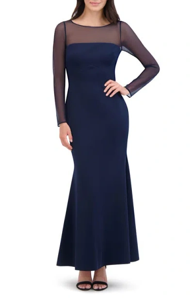 Eliza J Rosette Mesh Trim Long Sleeve Gown In Navy