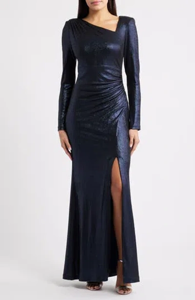 Eliza J Ruched Asymmetric Neck Long Sleeve Maxi Dress In Blue